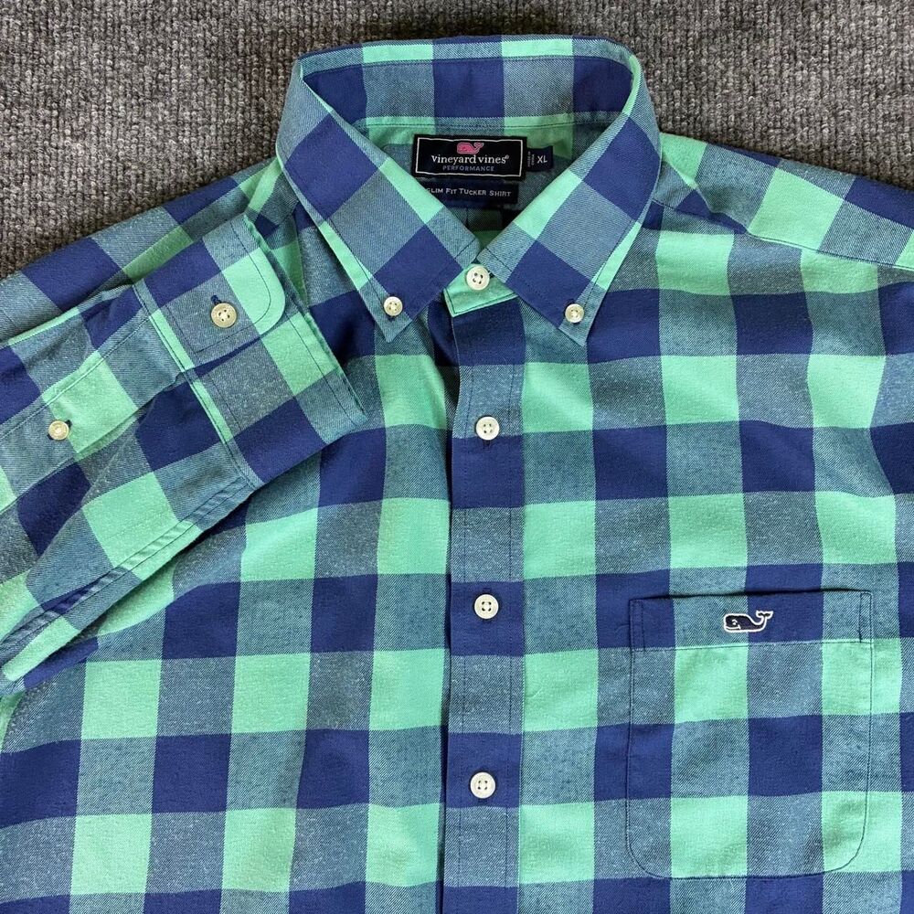 Vineyard Vines Performance Slim Fit Tucker Shirt Men’s XL Green Blue Plaid